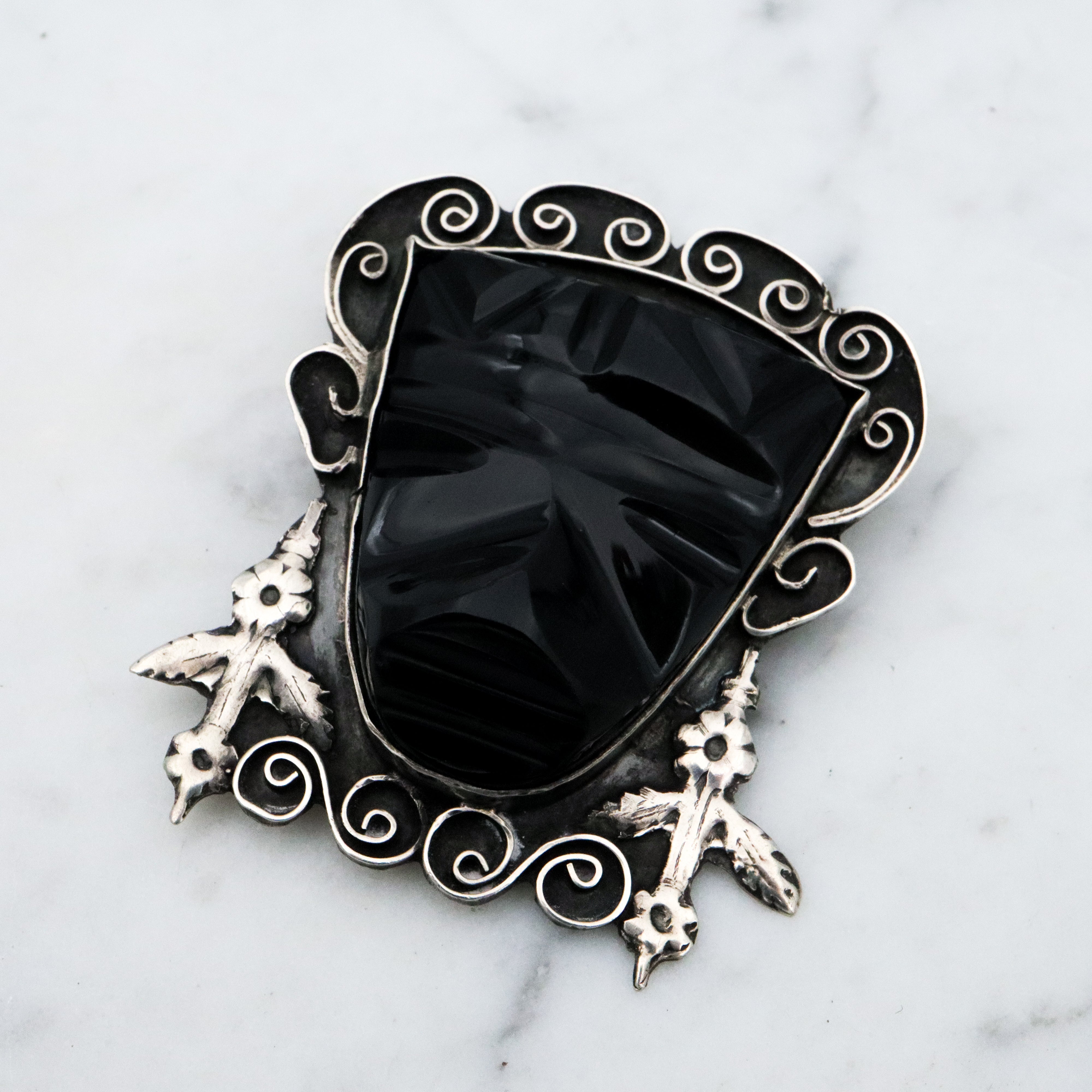 Antique 1920s Mexican sterling onyx carved Mayan mask brooch